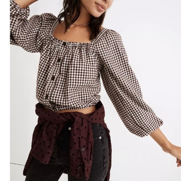 Madewell Puff Sleeve Button Front Crop Top in brown gingham - Picture 3 of 10